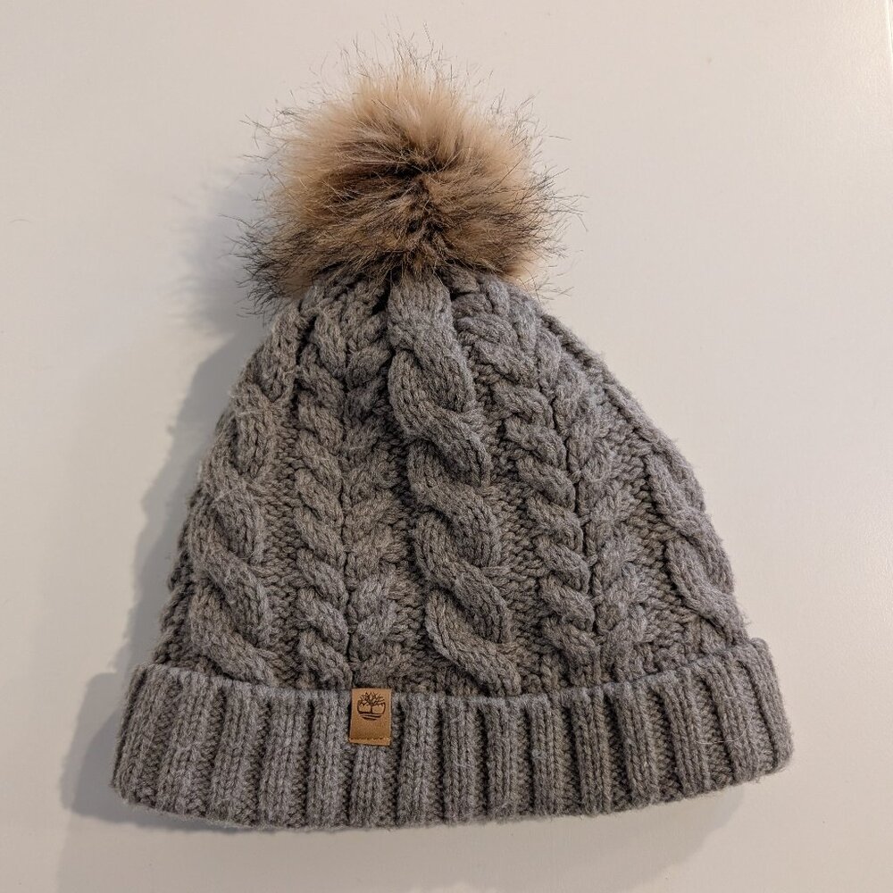Timberland Grey Cable Knit Beanie with Faux Fur Pom Pom